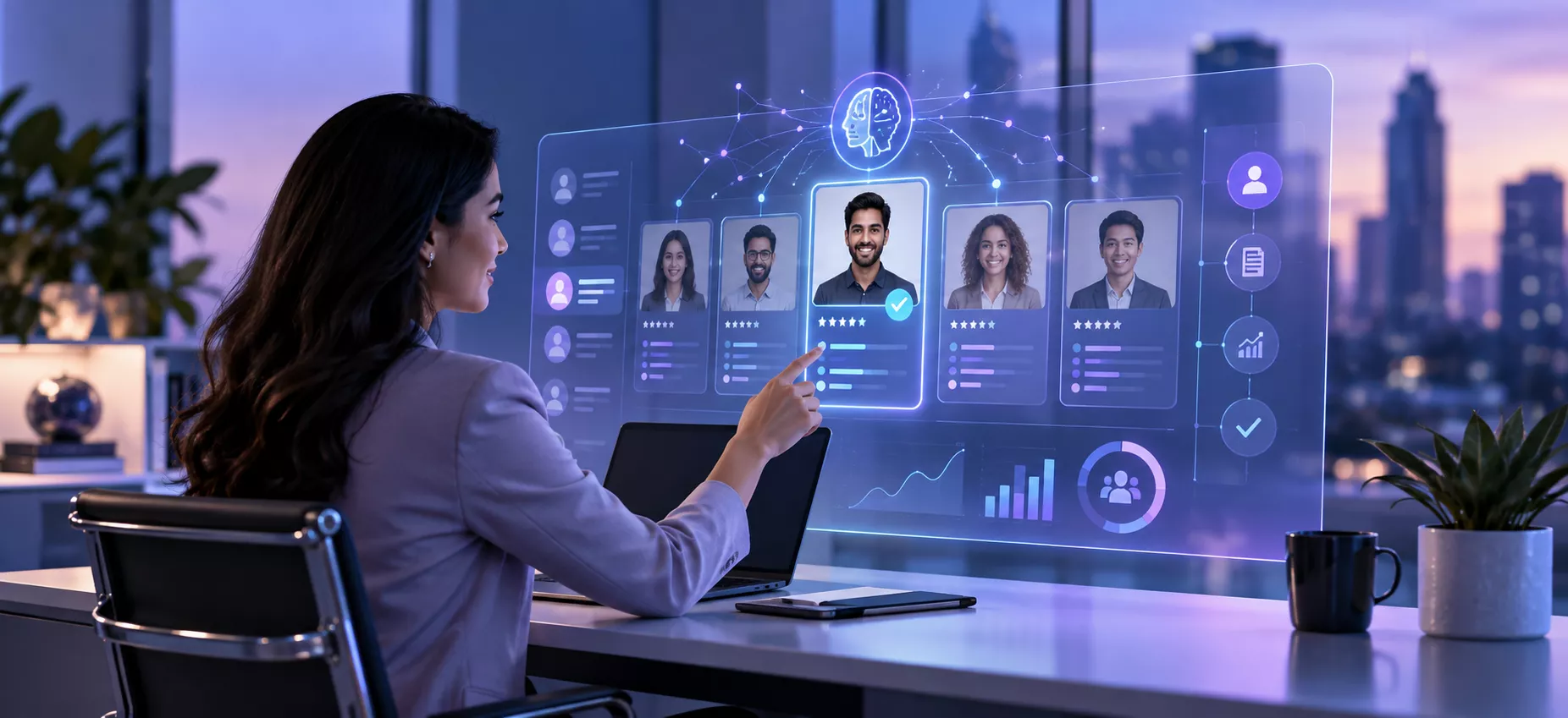Recruiter reviewing candidate profiles with an AI hiring interface