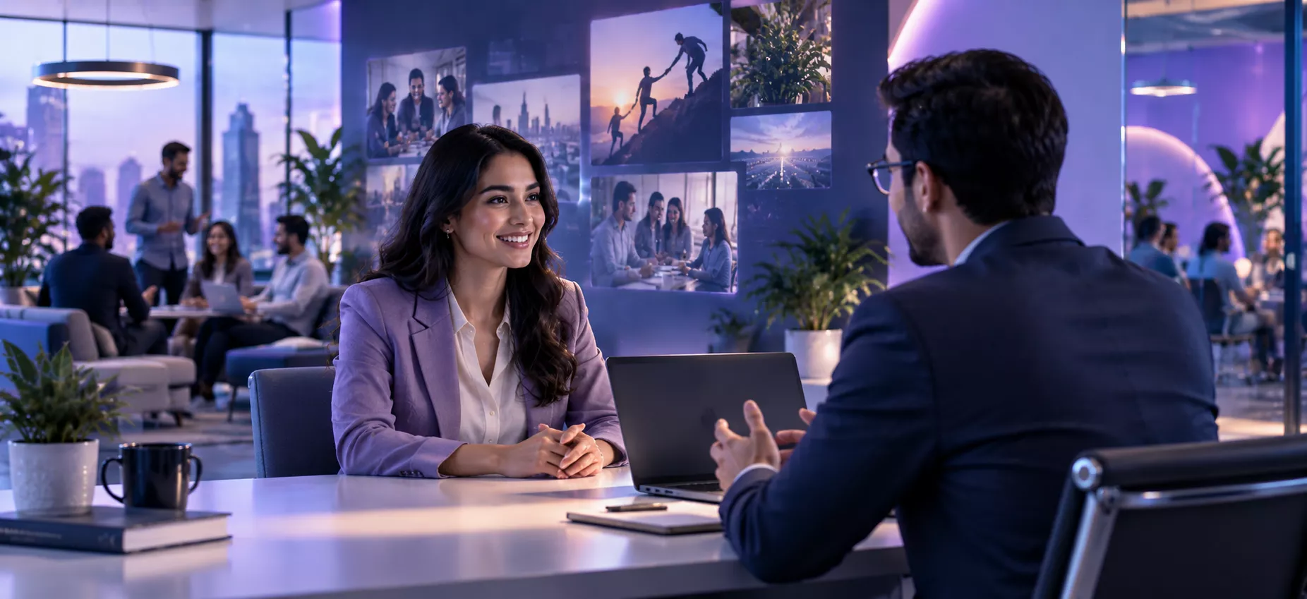 Candidate and recruiter discussing an opportunity in a modern office