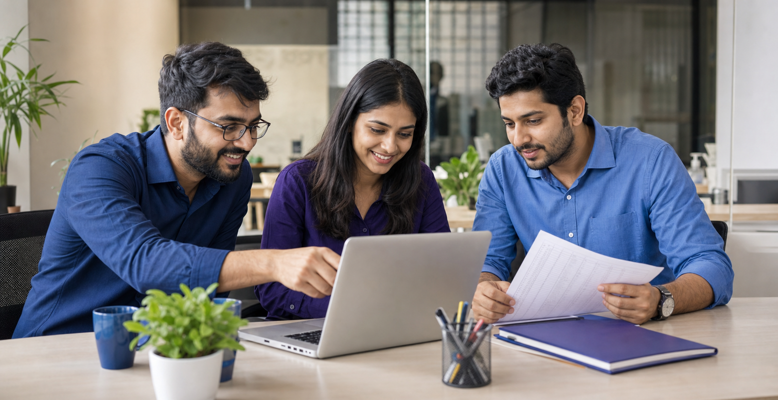Three recruiters collaborating around a laptop and candidate spreadsheet